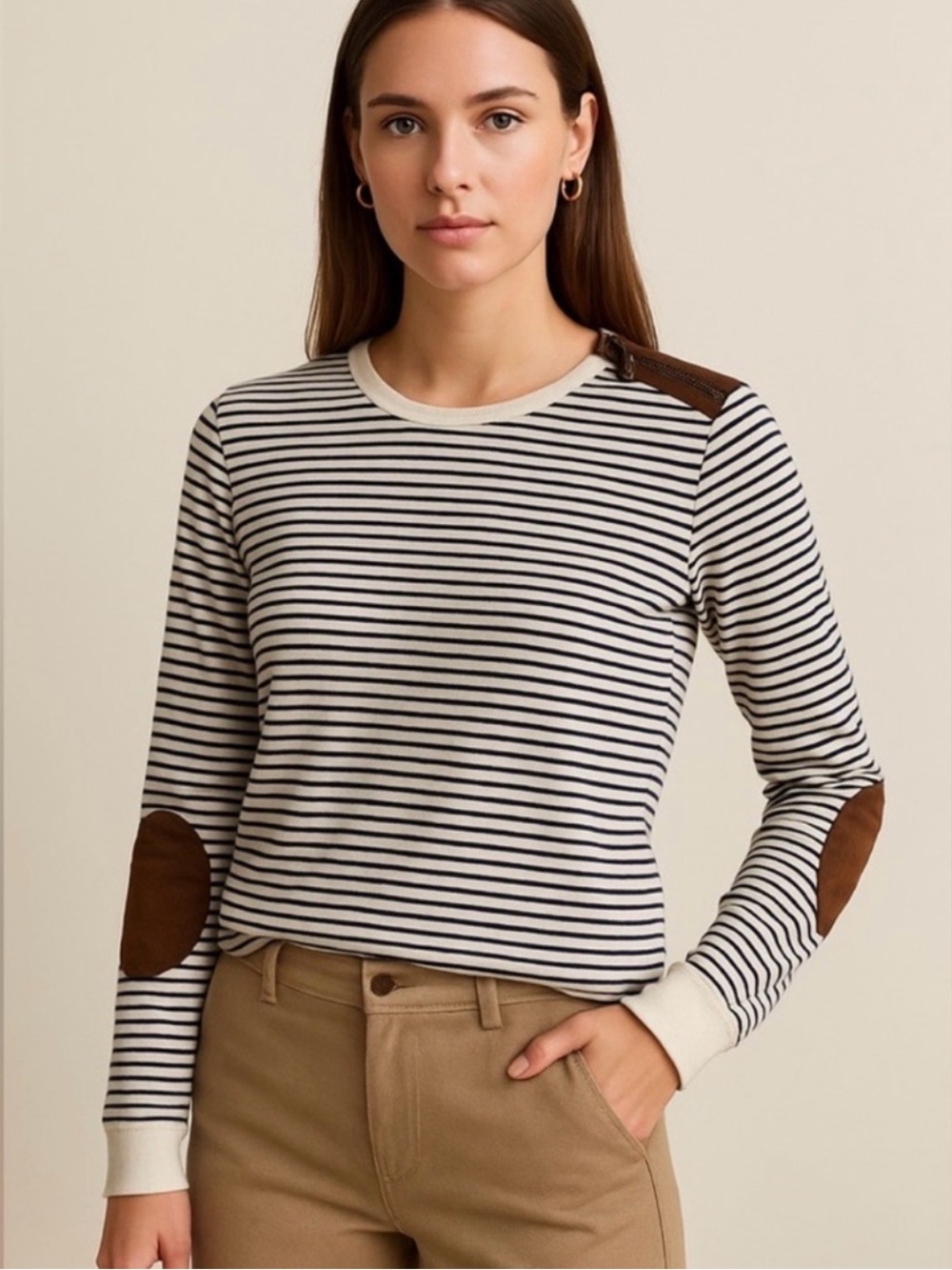 Lauren Ralph Lauren LRL Navy Stripe Long Sleeve Top with Leather Zip Shoulder L